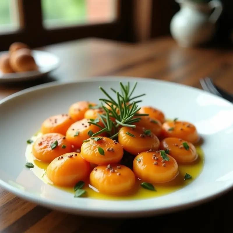 Plato blanco con gnocchi de boniato y romero sin gluten, dorados y esponjosos, decorados con hojas de romero fresco y un hilo de aceite de oliva virgen extra sobre fondo rústico de madera.