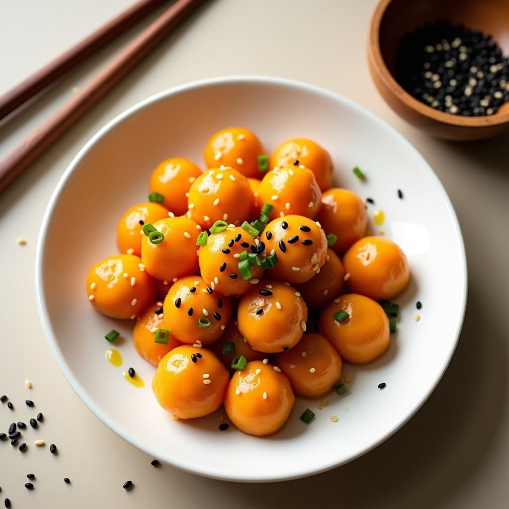 Plato blanco con gnocchi de camote y miso, de color naranja claro, espolvoreados con semillas de sésamo negro y cebollino picado. Fondo minimalista con un cuenco de madera y palillos japoneses.
