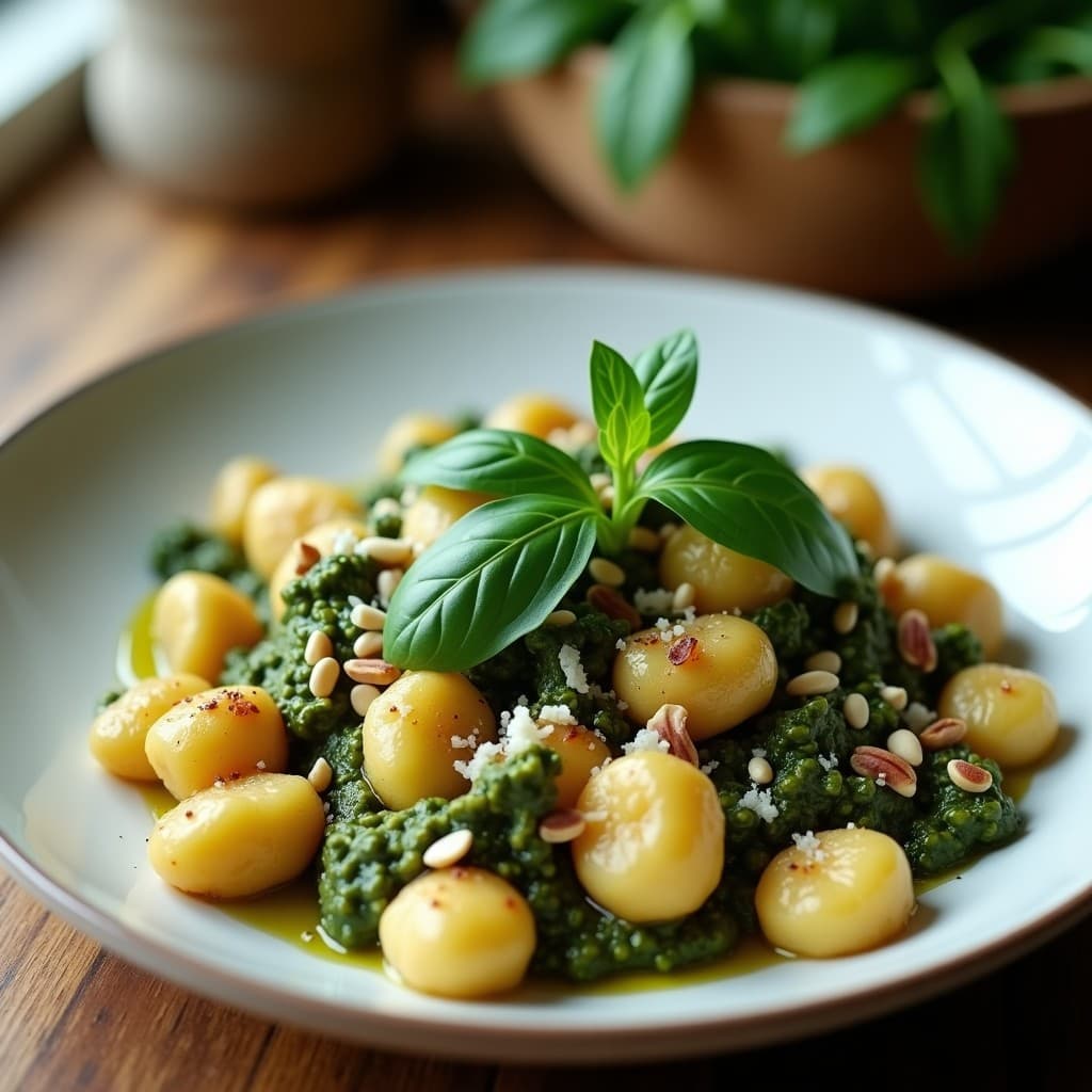 Plato blanco con gnocchi de coliflor dorados y esponjosos, bañados en un vibrante pesto de rúcula verde oscuro. Decorados con piñones tostados y hojas frescas de rúcula. Receta keto y sin carbohidratos en 20 minutos.