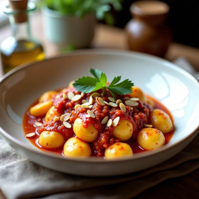 Plato hondo de cerámica blanca con gnocchi de ñame blanco bañados en salsa espesa de pimientos choriceros y anchoas, decorados con almendras fileteadas tostadas y perejil fresco picado. Receta española keto rápida y saludable.
