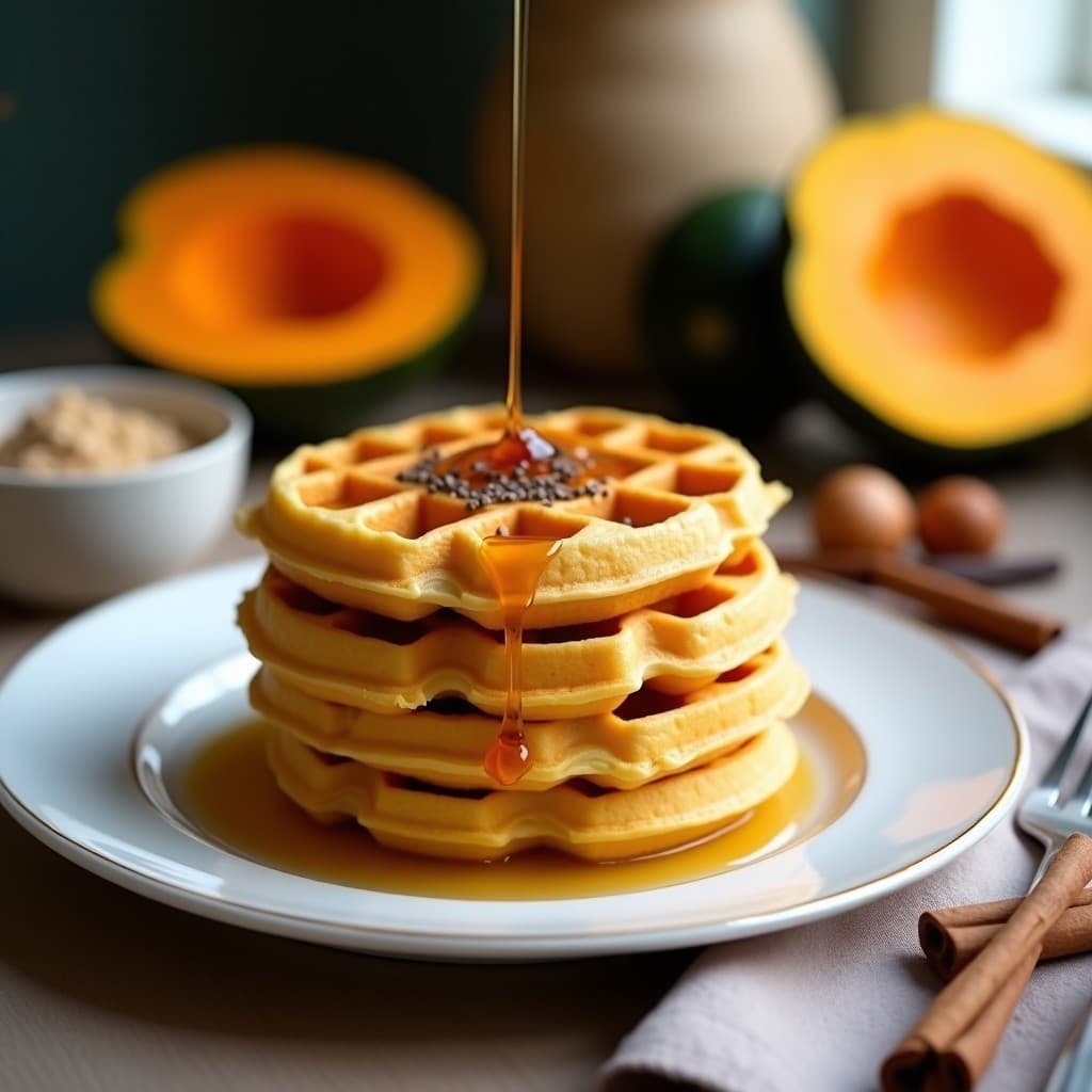 Gofres dorados y esponjosos de harina de castaña y calabaza kabocha, apilados en un plato blanco con un chorrito de sirope de eritritol y semillas de chía espolvoreadas. Fondo desenfocado con ingredientes como calabaza kabocha y harina de castaña.
