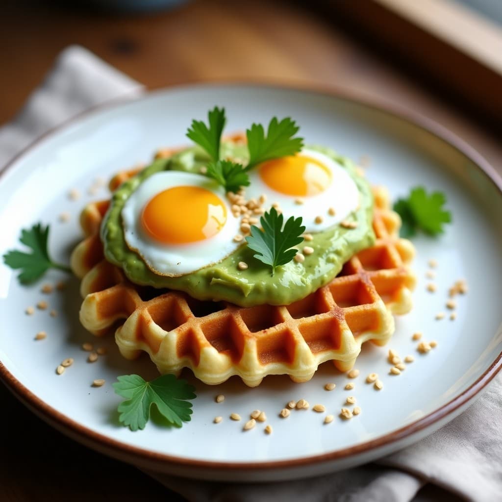 Plato de gofres dorados y crujientes de harina de garbanzo, cubiertos con crema de aguacate verde brillante y coronados con huevos poché de yema líquida. Decorado con semillas de sésamo tostadas y cilantro fresco, servido sobre un mantel rústico de lino.