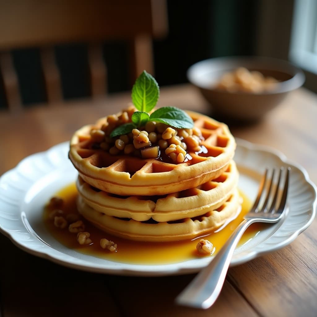 Gofres dorados y esponjosos de harina de garbanzo servidos en un plato blanco, coronados con compota de higo brillante y nueces pecanas tostadas, desayuno proteico sin harina.