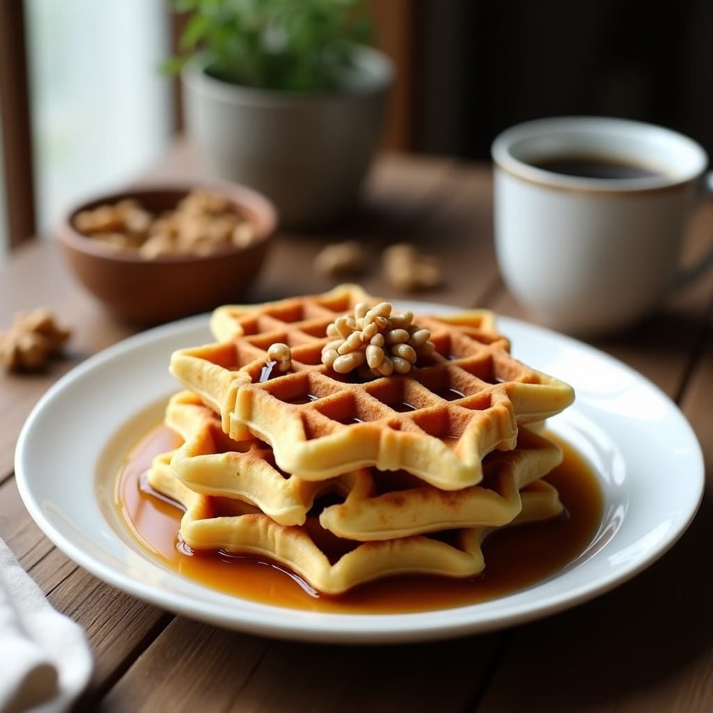 Gofres dorados y esponjosos de harina de guisante servidos en un plato blanco, bañados en sirope de dátil oscuro y decorados con nueces picadas. Fondo de cocina rústica con elementos keto.
