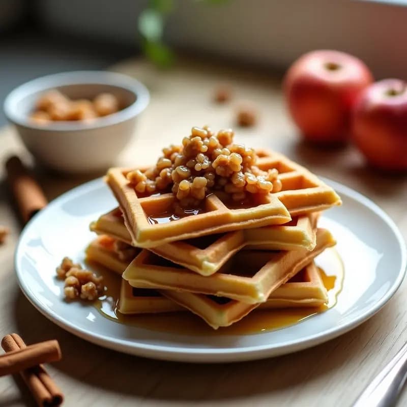 Gofres dorados y crujientes de quinoa apilados sobre un plato blanco, acompañados de compota de manzana dorada y nueces picadas, con un hilo de sirope de arce. Desayuno belga vegano sin harina.