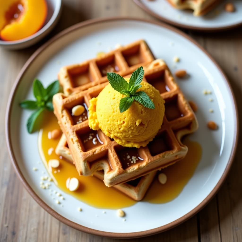 Gofres dorados y esponjosos de harina de teff servidos en un plato rústico, cubiertos con compota de durazno brillante y una bola de helado de cúrcuma de color amarillo intenso. Decorado con nueces de macadamia picadas y hojas de menta fresca, desayuno etíope keto sin gluten.