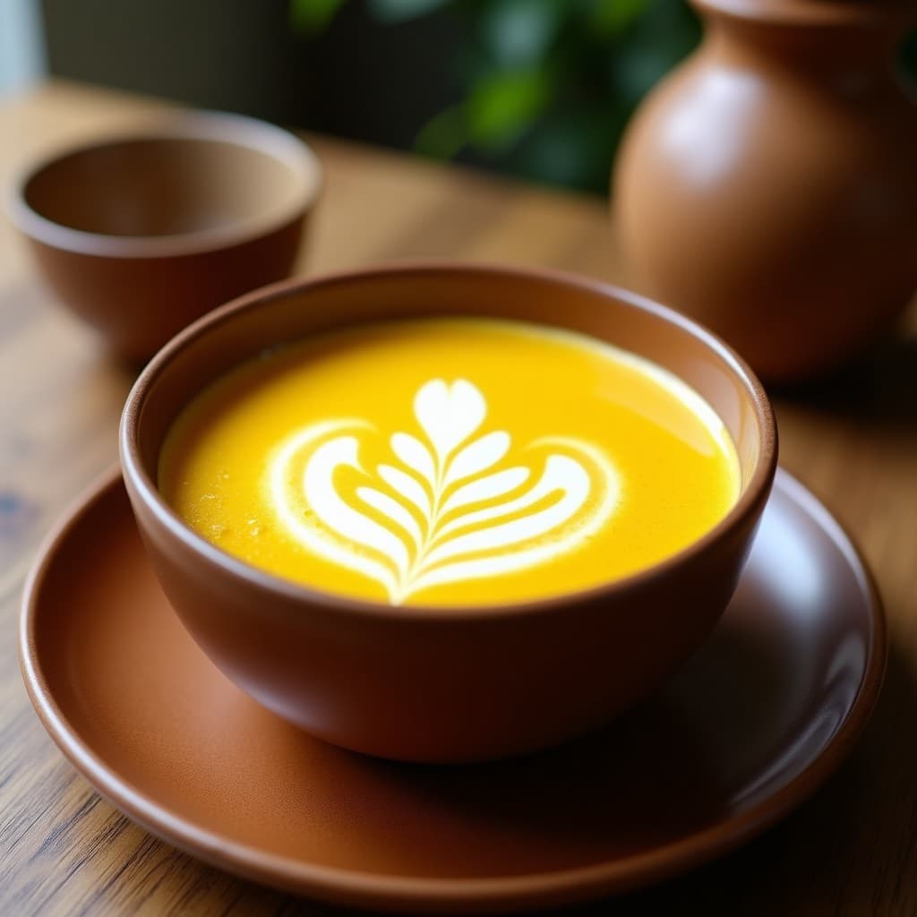 Taza de cerámica blanca con Golden Latte antiinflamatorio de túrcuma y jengibre, espolvoreado con canela en polvo, sobre una mesa de madera rústica con especias al fondo.