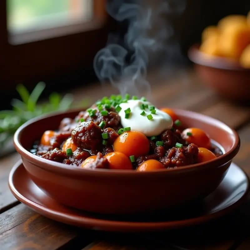 Plato hondo de cerámica negra con goulash de ciervo en salsa espesa y oscura, servido sobre ñoquis de batata naranja con surcos, decorado con crema agria y eneldo fresco. Fondos de cebolla morada caramelizada y pimiento asado. Ambiente rústico con pan de centeno al lado.