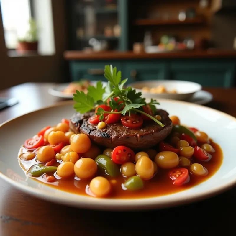 Cazuela de barro humeante con Goulash Hanoi de ternera y pimientos, estofado vietnamita con especias, trozos de ternera tierna bañados en salsa oscura y aromática, pimientos rojos brillantes, cilantro fresco y tallos de lemongrass. Plato servido sobre mesa de madera rústica con arroz jazmín al lado.