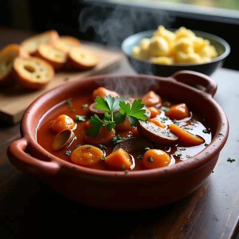 Cazuela de barro humeante con goulash húngaro vegano de hongos portobello y seitán, espeso y brillante, decorado con perejil fresco. Acompañado de ñokis de coliflor y pan de centeno tostado sobre una mesa rústica de madera.