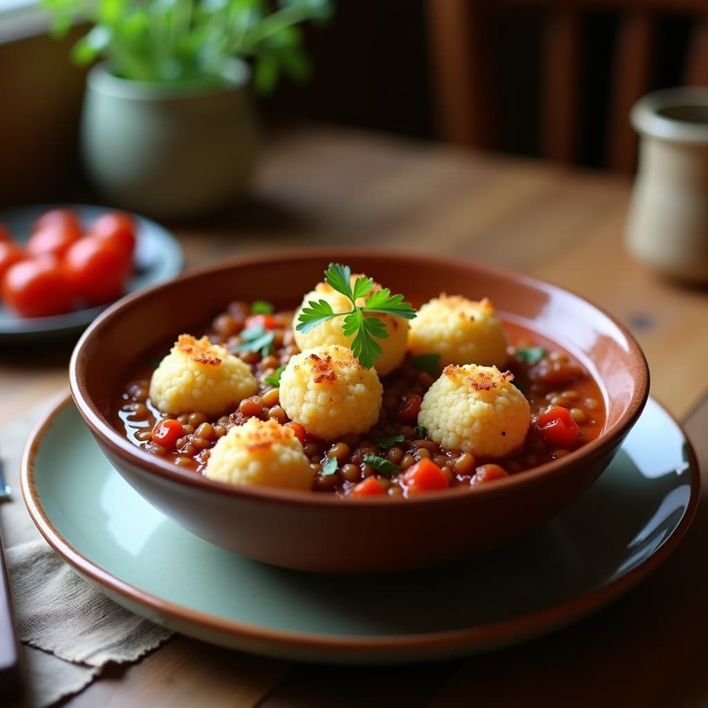 Plato hondo de barro con goulash de lentejas y pimentón de color marrón intenso, servido sobre ñoquis de coliflor dorados. Decorado con perejil fresco y un hilo de aceite de oliva virgen extra, con fondo rústico de madera.