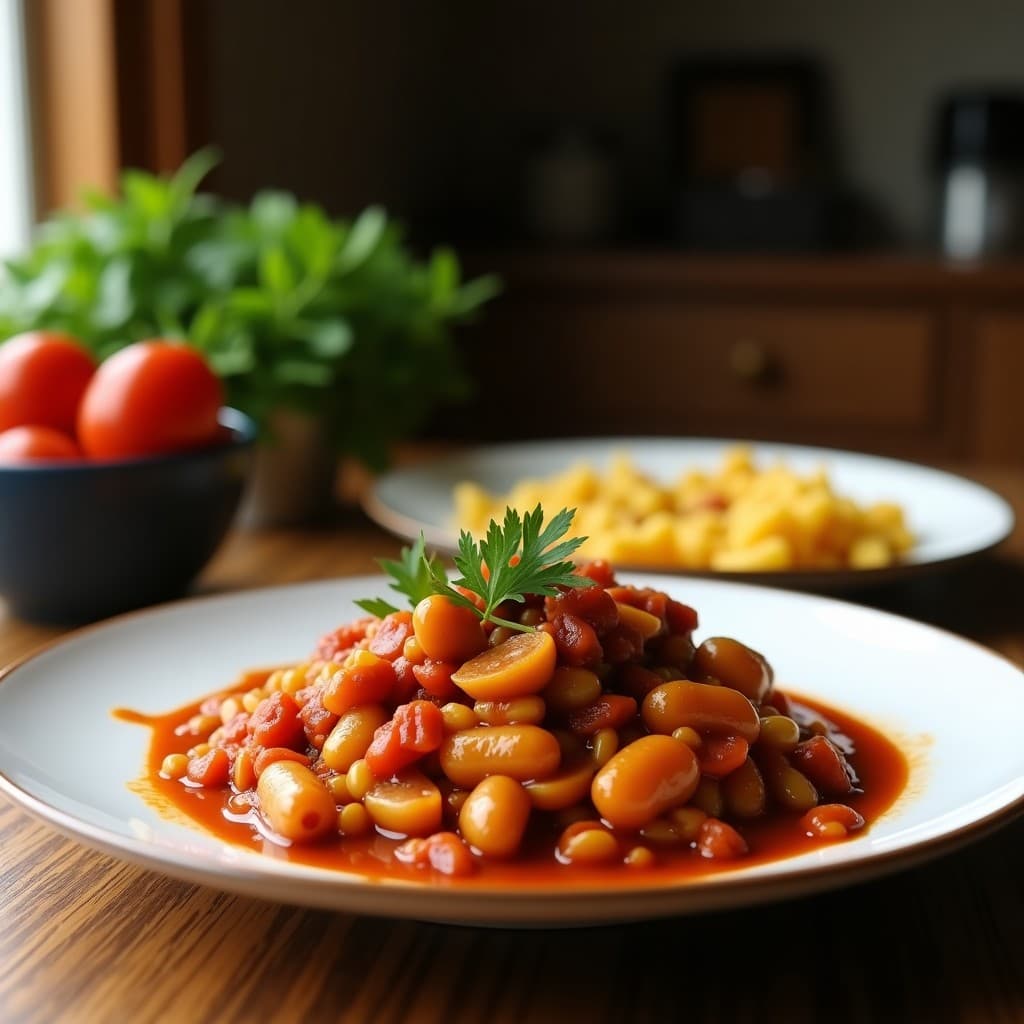 Plato hondo de barro con goulash de lentejas veganas espeso, de color rojizo intenso por el pimentón ahumado, con trozos de champiñones portobello, zanahoria y perejil fresco espolvoreado. Fondos de cocción lenta y textura cremosa.
