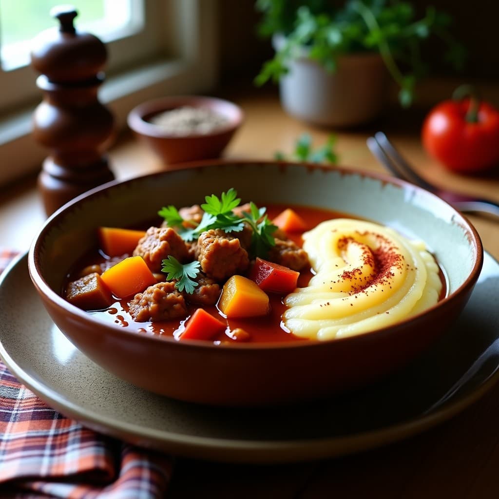 Plato hondo de barro con goulash vegano de seitán y pimientos en salsa espesa de pimentón, acompañado de puré de coliflor cremoso y perejil fresco. Receta húngara vegana y sin gluten.