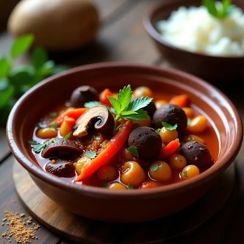 Plato hondo de barro con Goulash de Sincelejo vegano: estofado espeso de color morado oscuro con trozos de ñame, pimiento rojo y hongos shiitake, decorado con cilantro fresco y acompañado de arroz blanco.