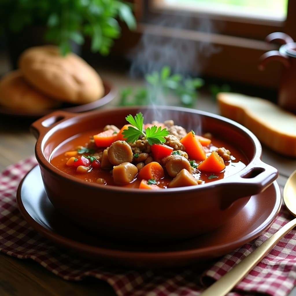 Plato hondo de barro con goulash vegano de seitán en salsa espesa de tomate y pimentón ahumado, acompañado de trozos de seitán dorado, champiñones portobello y zanahoria. Decorado con perejil fresco y un hilo de aceite de oliva virgen extra, servido sobre una mesa rústica de madera con pan integral al lado.