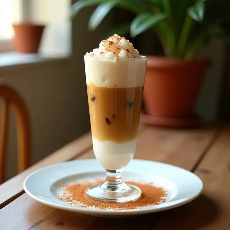 Vaso alto transparente con granizado de café con leche, capas de hielo picado y café granizado, coronado con leche fría y una pizca de canela. Fondo de terraza soleada con detalles rústicos.
