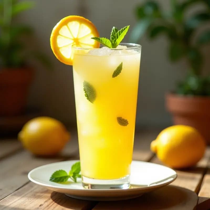 Vaso alto transparente con granizado de limón casero andaluz sin azúcar, llenos de cristales de hielo finos y dorados, decorado con una rodaja de limón y hojas de hierbabuena fresca. Fondo de terraza soleada con mesa de madera rústica.