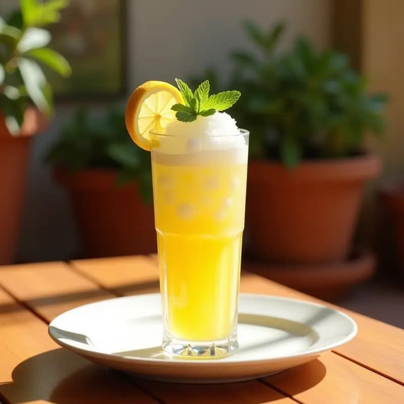 Vaso alto de cristal con granizado de limón y hojas de hierbabuena, textura cristalina y color amarillo pálido, decorado con rodaja de limón y hoja de hierbabuena fresca, fondo de terraza andaluza con luz solar.