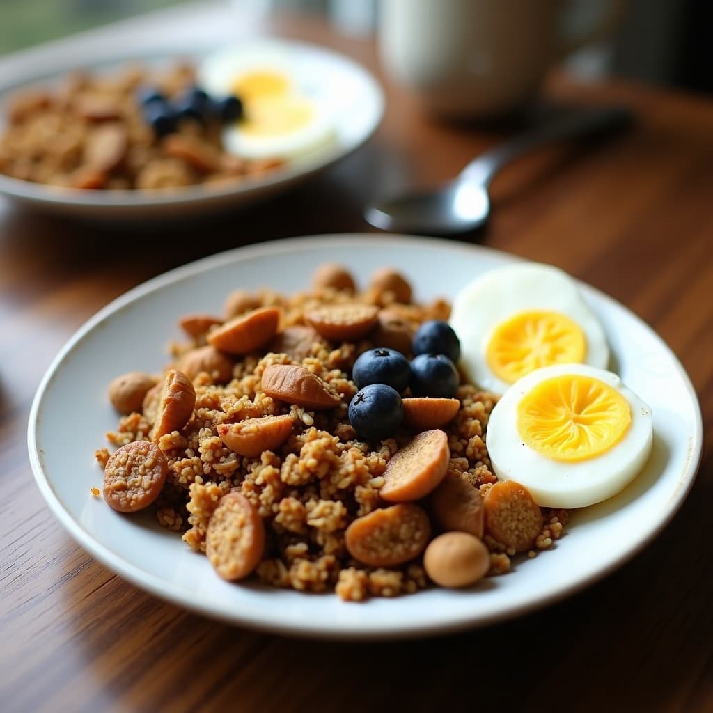 Bandeja de madera con granola de coco y semillas de chía tostada, dorada y crujiente, servida en un bol de cerámica blanca con yogur griego y frutos rojos frescos.