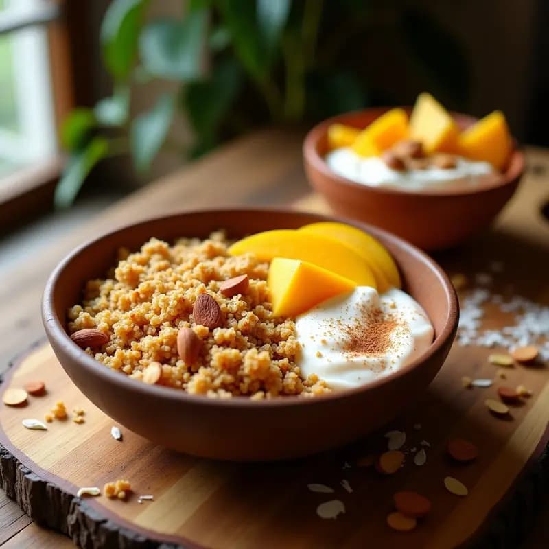 Bowl de cristal con granola de quinoa y semillas de girasol dorada, acompañada de yogur natural, rodajas de manzana y hojas de menta fresca sobre una mesa de madera rústica, desayuno colombiano sin azúcar y alto en fibra.