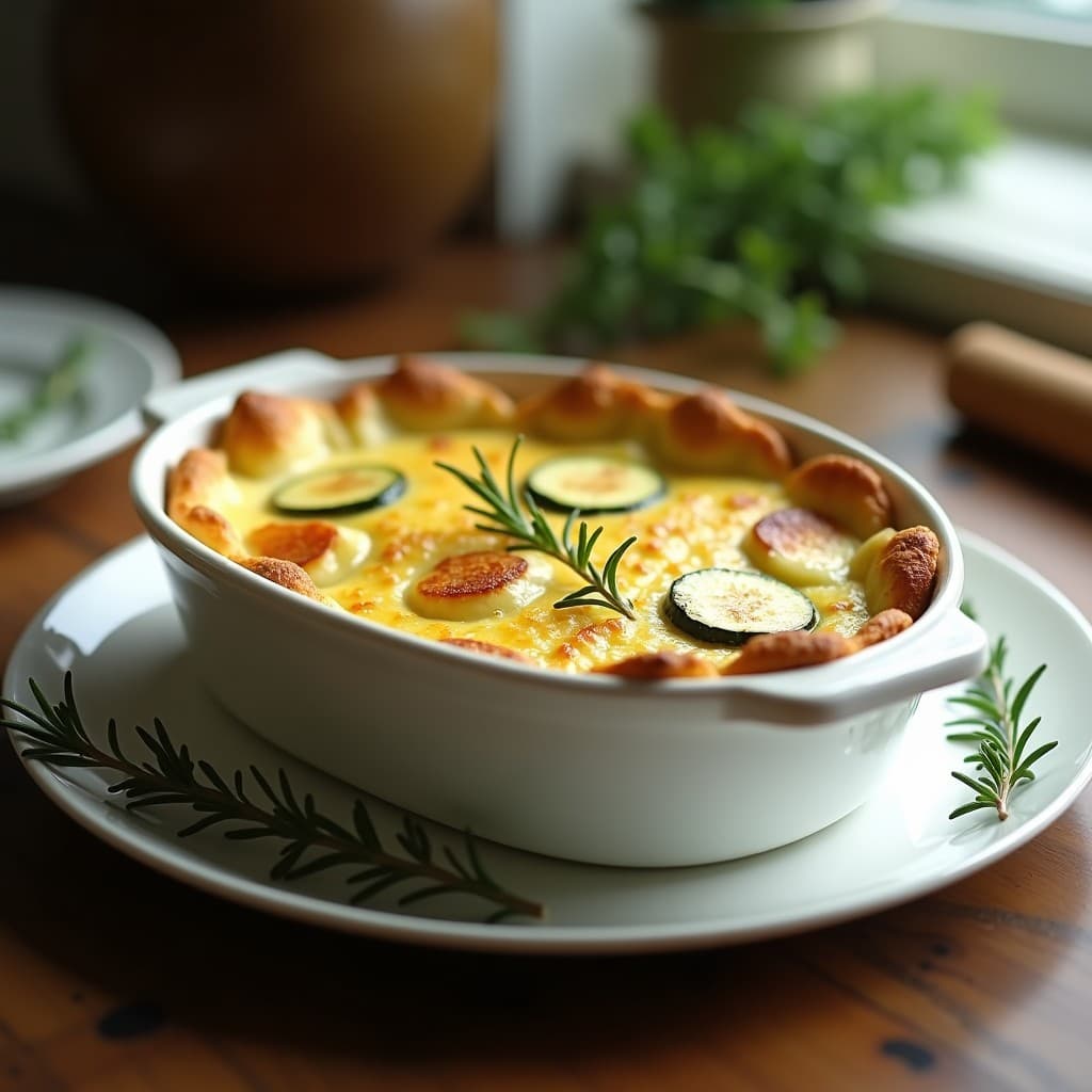 Gratin de calabacín y queso de cabra en airfryer, servido en molde de barro con capas doradas y cremosas, decorado con tomates cherry y albahaca fresca.