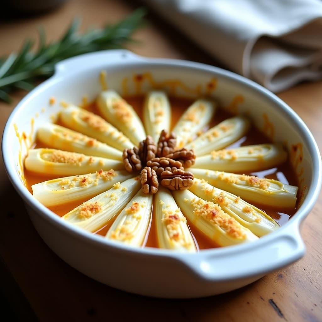 Fuente de horno blanca con gratinado de endivias doradas, cubiertas de queso de cabra fundido, pan rallado crujiente y hilos de miel brillante. Plato francés elegante y apetitoso.
