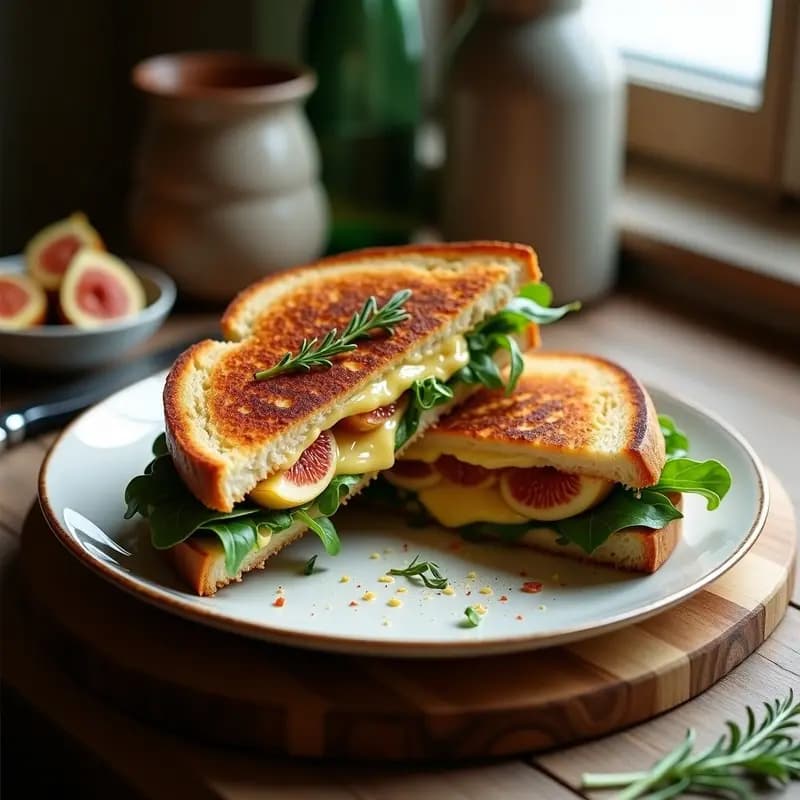 Sándwich Grilled Cheese vegano abierto por la mitad, mostrando capas de queso de anacardos cremoso, higos caramelizados dorados y hojas de rúcula, con el pan tostado y crujiente. Plato principal sin lactosa y vegano.