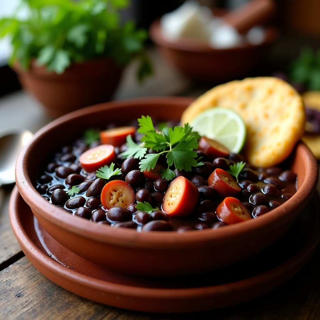 Guiso colombiano de frijoles negros y chorizo vegano servido en un plato hondo de barro, con rodajas de chorizo dorado, cilantro fresco y un toque de limón, sobre una mesa rústica de madera con una arepa al lado.