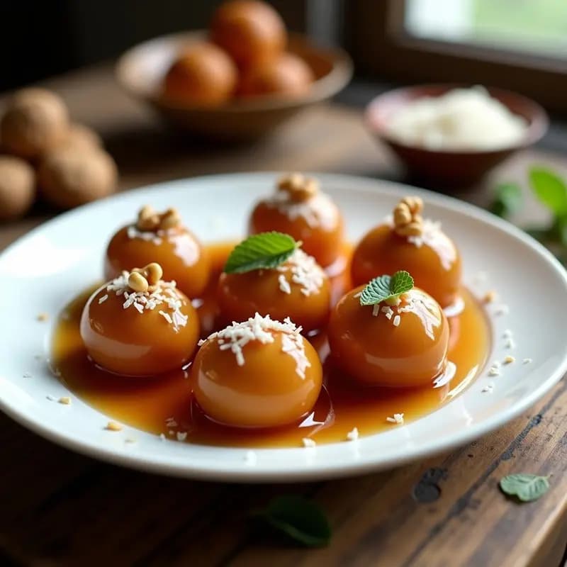 Plato blanco con 8 Gulab Jamun de dátiles y nueces bañados en almíbar dorado, decorados con coco rallado y nueces picadas, sobre fondo de madera rústica con hojas de menta.