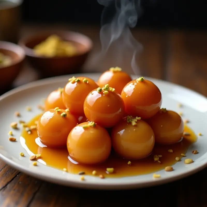 Plato blanco con Gulab Jamun indio, bolas doradas de leche frita bañadas en almíbar transparente y aromatizado con cardamomo, decoradas con pistachos picados y hebras de azafrán.
