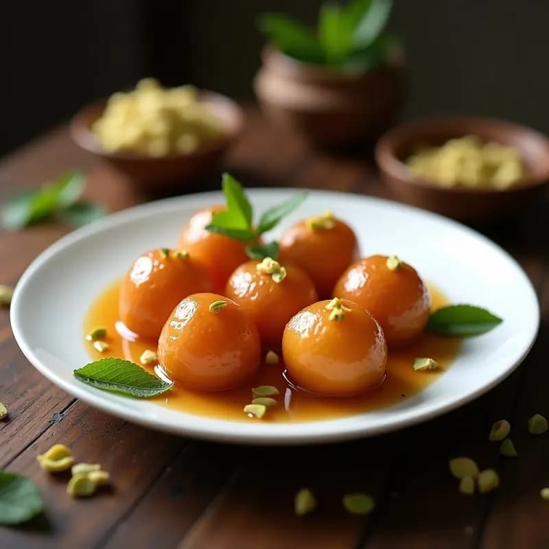 Plato blanco con Gulab Jamun: bolas doradas y esponjosas de leche y cardamomo bañadas en almíbar transparente, decoradas con pistachos picados y azafrán.
