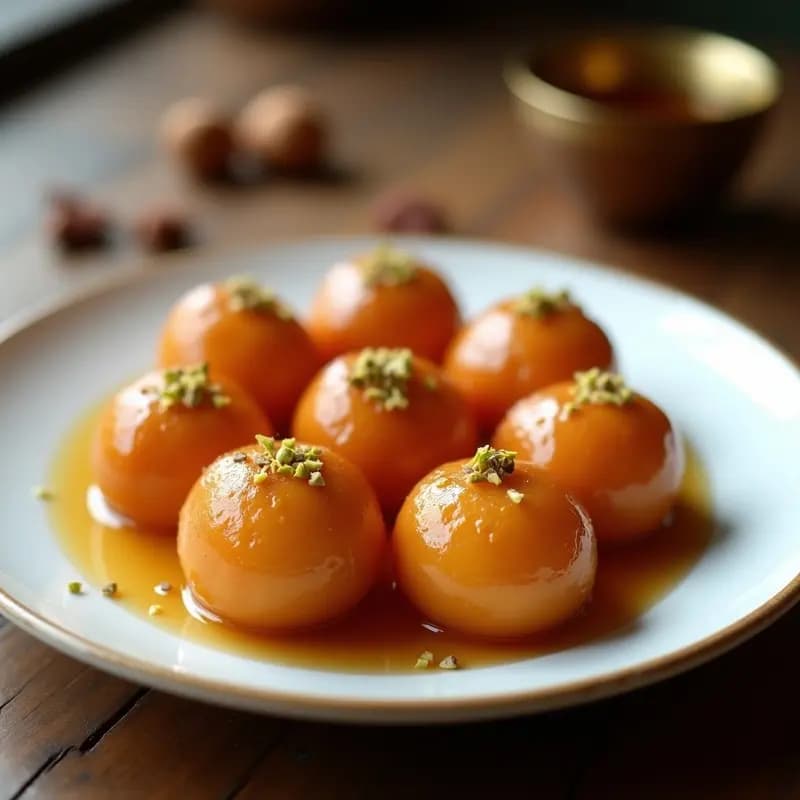 Plato blanco con Gulab Jamun de leche en polvo y cardamomo, bolitas doradas y esponjosas bañadas en almíbar transparente, decoradas con pistachos picados y semillas de cardamomo.