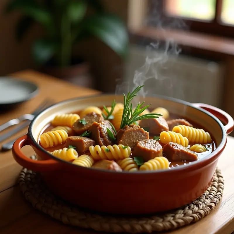 Cazuela de barro humeante con gurullos con conejo y ajos tiernos, guiso murciano tradicional en olla lenta, con trozos de conejo dorados, ajos tiernos verdes y caldo espeso.