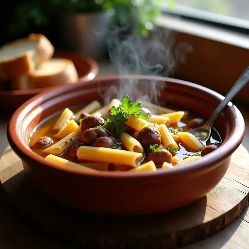 Cazuela de barro humeante con gurullos con conejo y caracoles, receta extremeña de monte, servida en plato hondo rústico con perejil fresco espolvoreado.