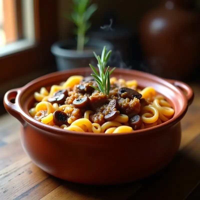 Olla de barro humeante con gurullos con conejo y setas, guiso murciano tradicional, caldo espeso y dorado, trozos de conejo tiernos, setas oscuras y pasta en forma de caracol, decorado con romero fresco sobre fondo rústico de madera.
