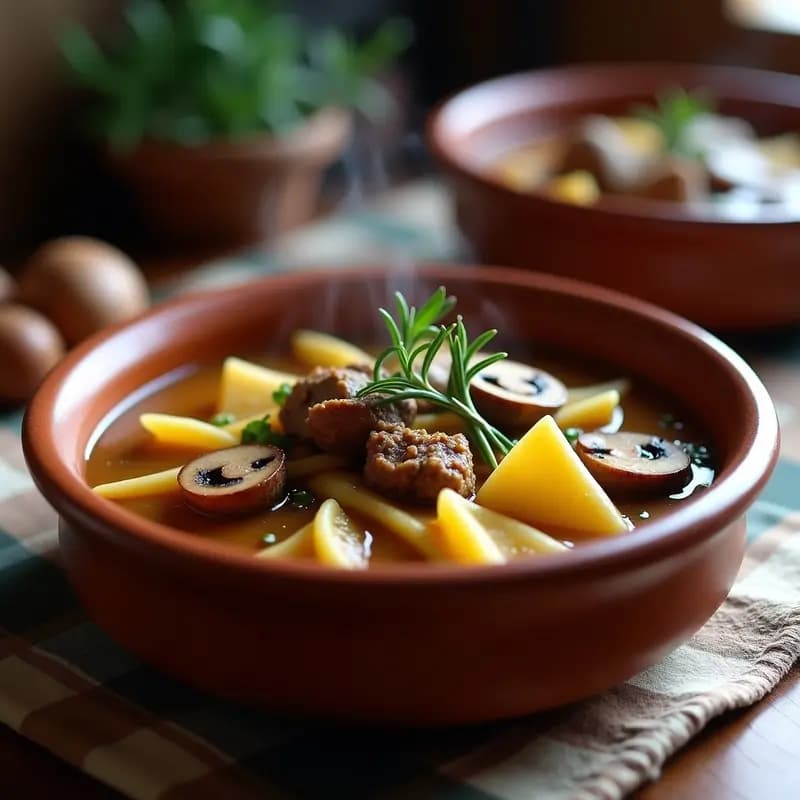 Plato hondo de barro con gurullos con conejo y setas silvestres, guiso murciano tradicional en olla exprés, con trozos de conejo dorado, setas laminadas y caldo espeso.