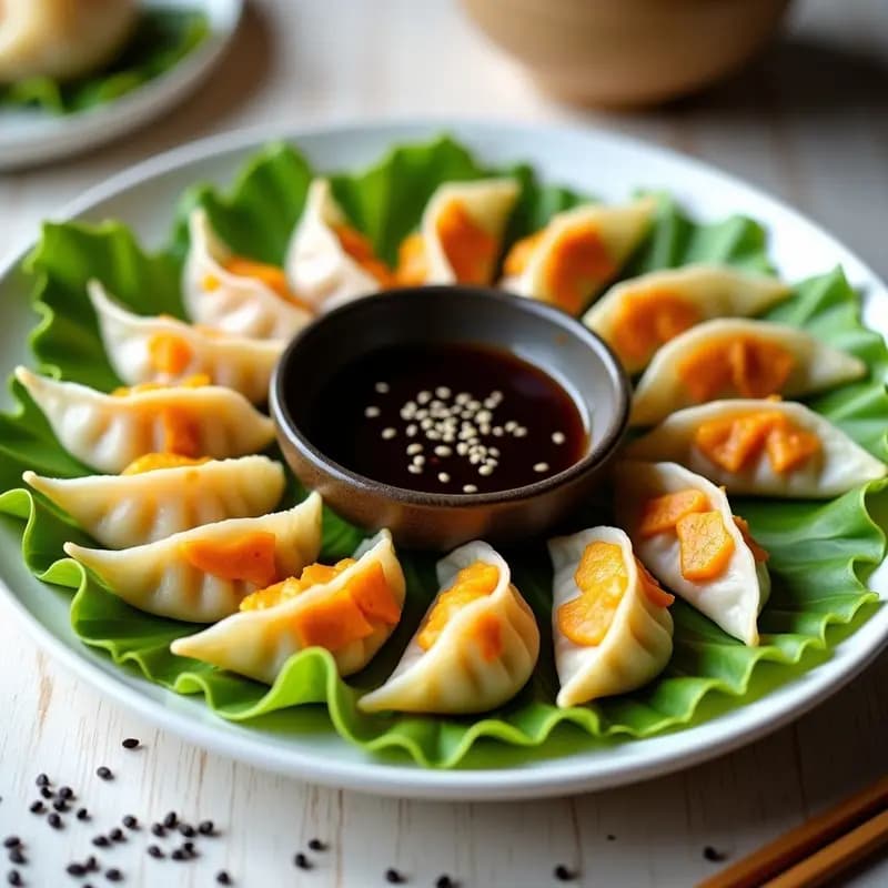 Plato blanco con gyoza japonesas de calabaza y jengibre al vapor, veganas y low carb, dispuestas en círculo sobre hojas de lechuga, acompañadas de un cuenco pequeño con salsa de tamari oscura y semillas de sésamo negro espolvoreadas.