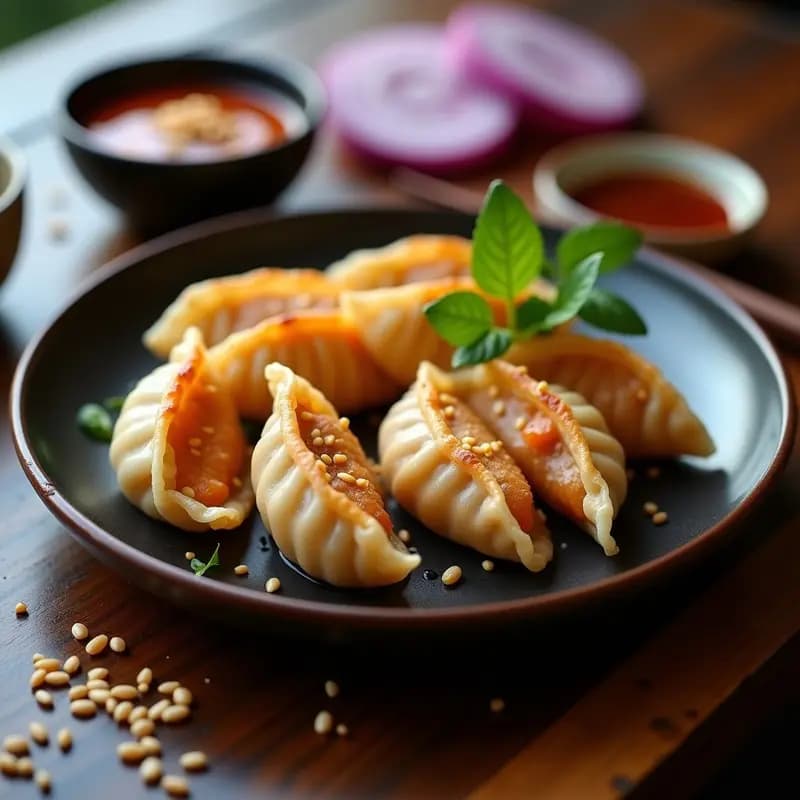 Plato de gyoza dorados y crujientes rellenos de camarón y cebolla morada, servidos con salsa ponzu brillante y semillas de sésamo espolvoreadas, sobre una mesa de madera con detalles japoneses.