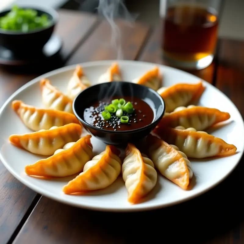 Plato blanco con gyoza de camarón y cebolla verde doradas por la base, dispuestas en círculo y acompañadas de una salsa umami oscura en un tazón pequeño. Decoración con cebolla verde picada y semillas de sésamo negro.