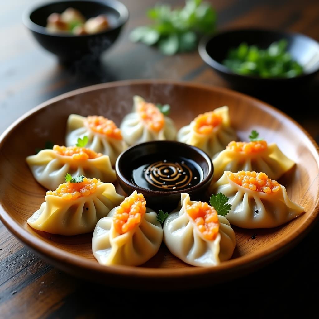 Gyoza de camarón y cilantro al vapor dispuestos en un plato de bambú, con pliegues perfectos y brillantes por el aceite de sésamo. Acompañados de salsa de sésamo negro espesa y decorados con semillas de sésamo y hojas de cilantro fresco. Receta japonesa al vapor con camarón y cilantro.