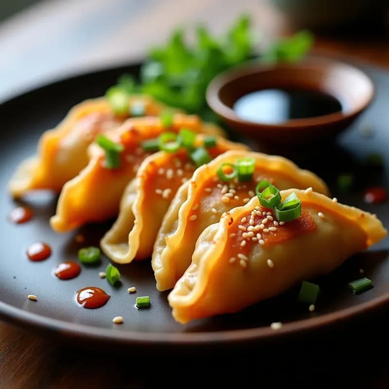 Gyoza de camarones y cebolla verde doradas y crujientes en bandeja de airfryer, con bordes plegados en media luna, acompañadas de salsa de soja y cebolla verde picada como decoración.