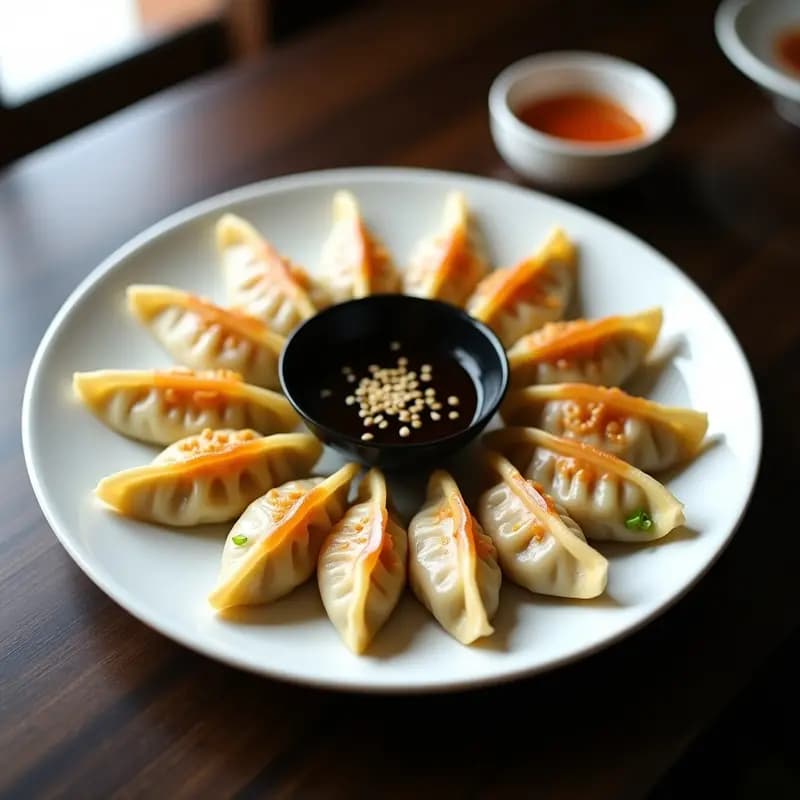 Plato blanco con gyoza al vapor de camarones y cebolla de verdeo, dorados ligeramente, servidos en círculo con salsa ponzu al lado y semillas de sésamo espolvoreadas. Receta japonesa en airfryer.