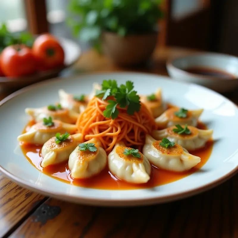 Gyoza de camarones y cilantro doradas y crujientes, dispuestas en un plato de madera oscuro con semillas de sésamo espolvoreadas, acompañadas de una salsa oscura en un pequeño cuenco. Receta de aperitivo japonés en airfryer.