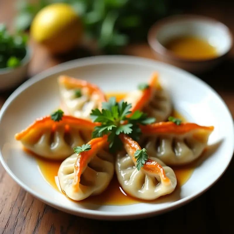 Plato blanco con gyoza de camarones y cilantro dorados por la base, dispuestos en círculo con salsa de lima y miel brillante por encima, decorados con hojas de cilantro fresco. Receta japonesa en sartén antiadherente.