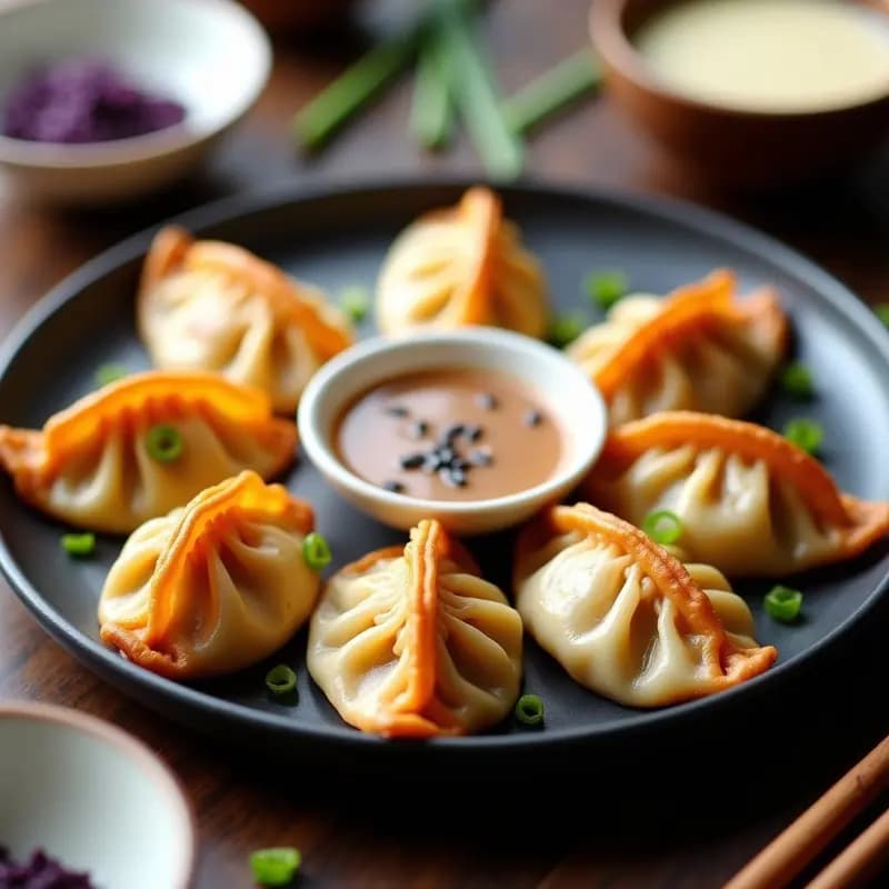 Gyoza dorados y crujientes de camote morado y queso de cabra en airfryer, con semillas de sésamo blanco y negro, servidos en plato de porcelana negra con salsa de soja al lado.