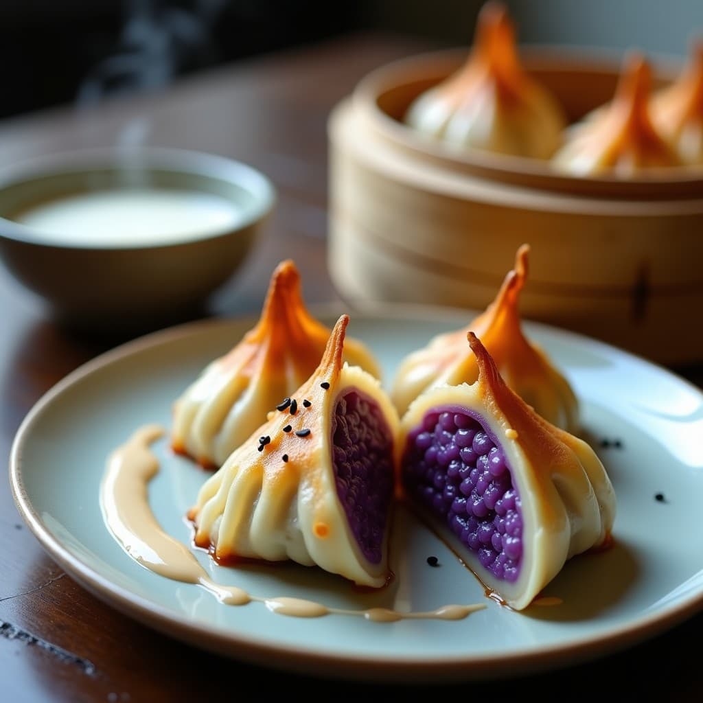Plato de gyoza de camote morado y queso vegano con salsa de miso blanco, fusion Asia-Española, servidos en vaporera de bambú con semillas de sésamo negro.