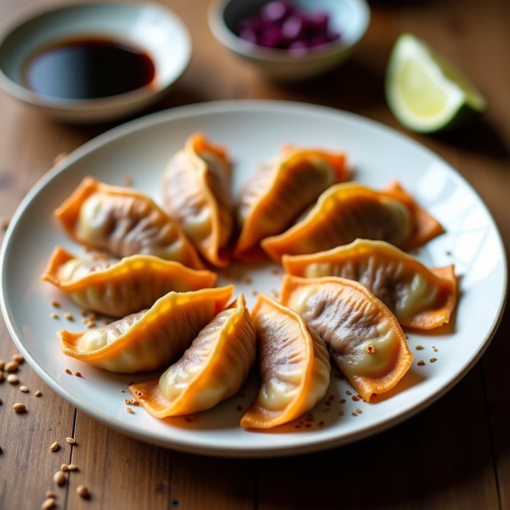 Plato blanco con gyoza de camote morado y tofu vegano dorados y crujientes, servidos en airfryer, con semillas de sésamo y salsa de soja al lado.