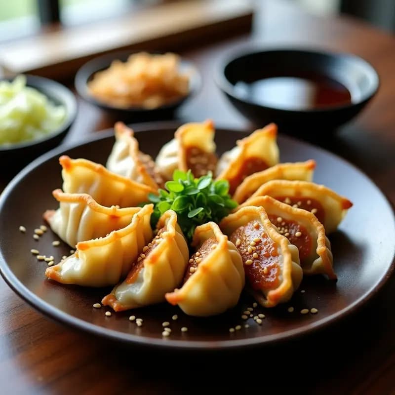 Plato de gyoza japoneses dorados y crujientes rellenos de cerdo y col china, servidos en una fuente de madera con salsa de soja y jengibre, decorados con semillas de sésamo y cébollino fresco.