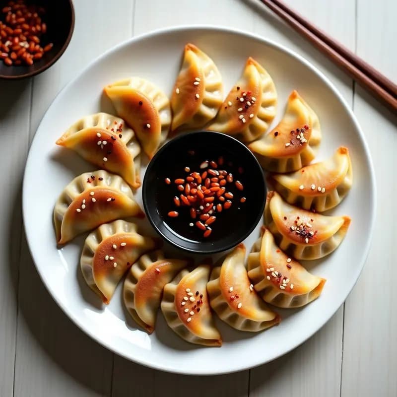 Plato blanco con gyoza de cerdo y col napa dorados por abajo, dispuestos en círculo y bañados con salsa umami brillante. Decorados con semillas de sésamo negro y cebolla verde picada. Fondo de madera clara con utensilios de cocina japoneses.