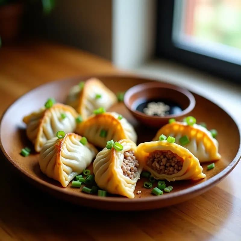 Plato blanco con gyoza japonesas de cerdo y repollo doradas y crujientes, dispuestas en círculo sobre papel de horno. Al lado, un bol pequeño con salsa de soja y jengibre. Receta tradicional en airfryer.